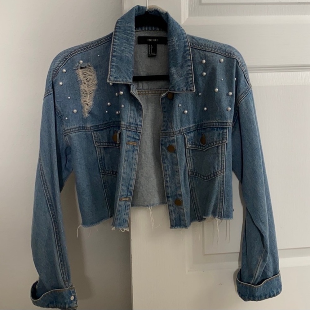 F21 Distressed Pearl Embellished Oversized Cropped Jean Jacket